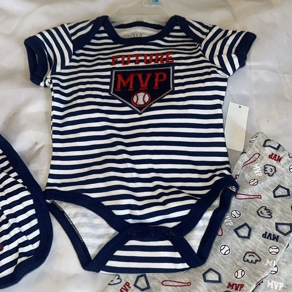 Quacker Jack Baby Boy 3PC Baseball Outfit Set Future MVP Navy Grey 3-6M NEW